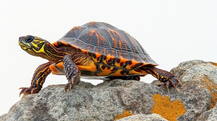 Obraz premium Turtle Crawling on Rocky Surface Surrounded by Natural Beauty in Bright Sunlight.