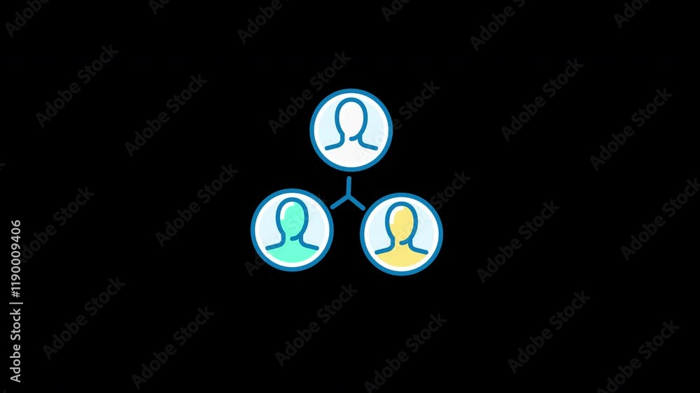 Poster three character icons connected in a triangular layout, representing collaboration or communication 