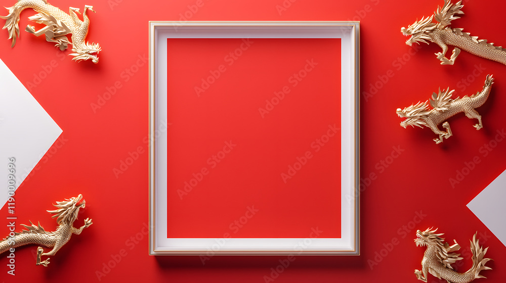Poster golden dragons framing a blank canvas creative space art display vibrant red background dynamic view