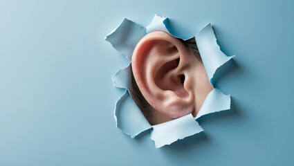 Ear peeking through torn paper, day of hearing loss, eavesdropping, espionage, gossip, attention and communication concept