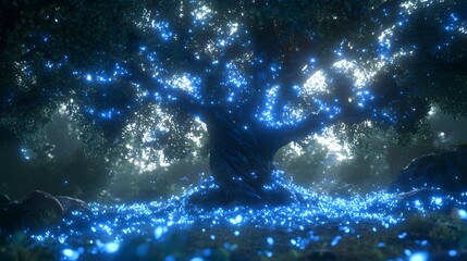 Fototapeta premium Majestic tree glowing with ethereal blue lights in a mystical forest.
