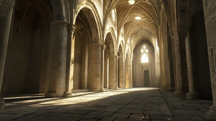 Fototapeta premium Sunlit stone hallway in ancient building