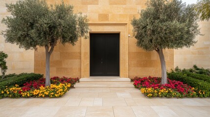 Obraz premium Elegant Entrance: Olive Trees Frame a Modern Black Door