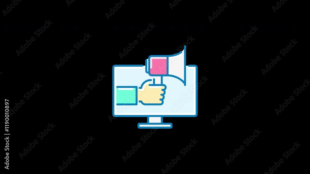 Poster an abstract illustration showing a hand holding a megaphone in front of a computer screen.