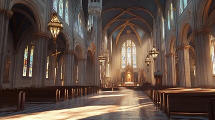Fototapeta premium Sunlit cathedral interior, peaceful