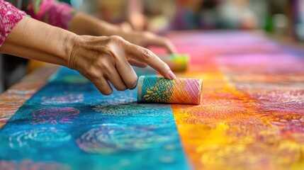 Papermaking artisans handcrafting decorative sheets, vibrant dyes and patterns, artistic workspace 