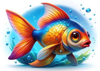 Fototapeta premium Cartoon Fish Blue Orange Tail, Colorful Fish Illustration, Bright Aquatic Animal