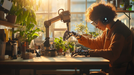 Innovative workspace with person using robotic arm to work on plants. warm sunlight enhances creative atmosphere, showcasing technology and nature in harmony