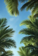 Fototapeta premium Exotic tropical palm leaves against a clear blue sky, sunshine, tropical, greenery, vibrant