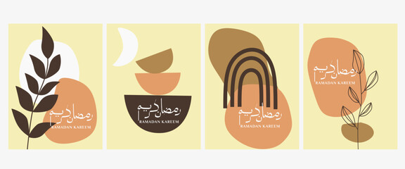 Set of ramadan design in boho style. Ramadan Kareem greetings with arabic calligraphy in geometric and floral background. Modern islamic design for greeting card, wallpaper, etc. Vector Illustration 