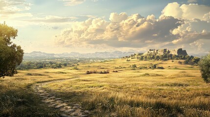 Fototapeta premium Serene Landscape with Rolling Hills and Ancient Ruins at Sunset