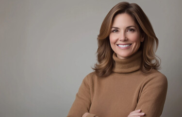 Obraz premium A beautiful woman in her late thirties, wearing a brown turtleneck sweater, is smiling with her arms crossed over her chest, posing for a photo on a plain background.