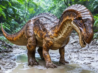 Realistic Dinosaur in a Lush Forest Clearing Surrounded by Dense Green Foliage