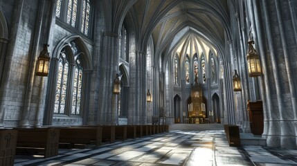 Obraz premium Grand cathedral interior, sunlight streams in.