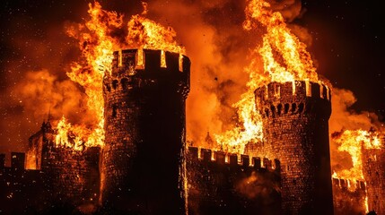 Fototapeta premium Castle engulfed in flames during dramatic night scene