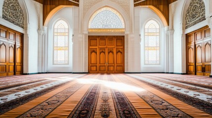 Obraz premium Sunlit Interior of Ornate Hall with Arched Windows and Carpeted Floor