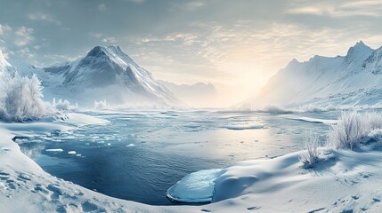 Serene winter landscape with mountains and a river, showcasing the beauty of nature.