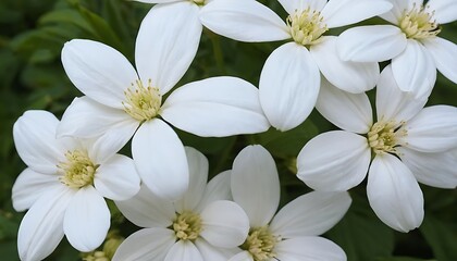 Obraz premium Delicate white clematis flowers bloom in lush green foliage