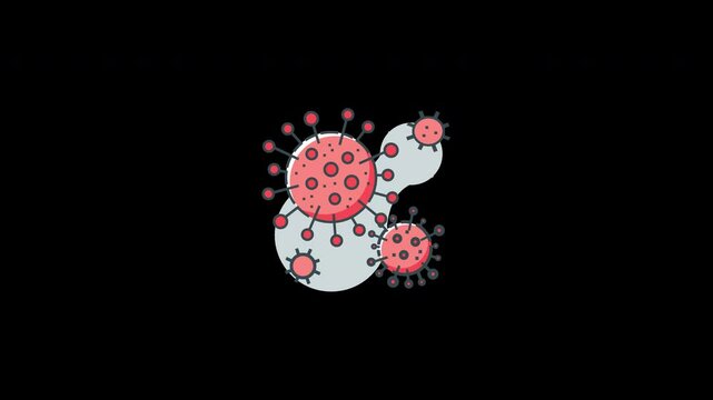 Cartoon representation of virus cells with red and gray hues on a black background.