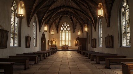Obraz premium Tranquil church interior, sunlight streams in