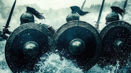 Ancient Warriors Charging Through Stormy Waters with Shields Raised