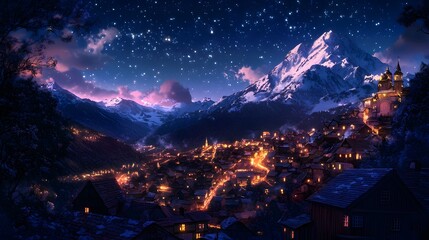 A serene night view of a snowy mountain village under a starry sky.