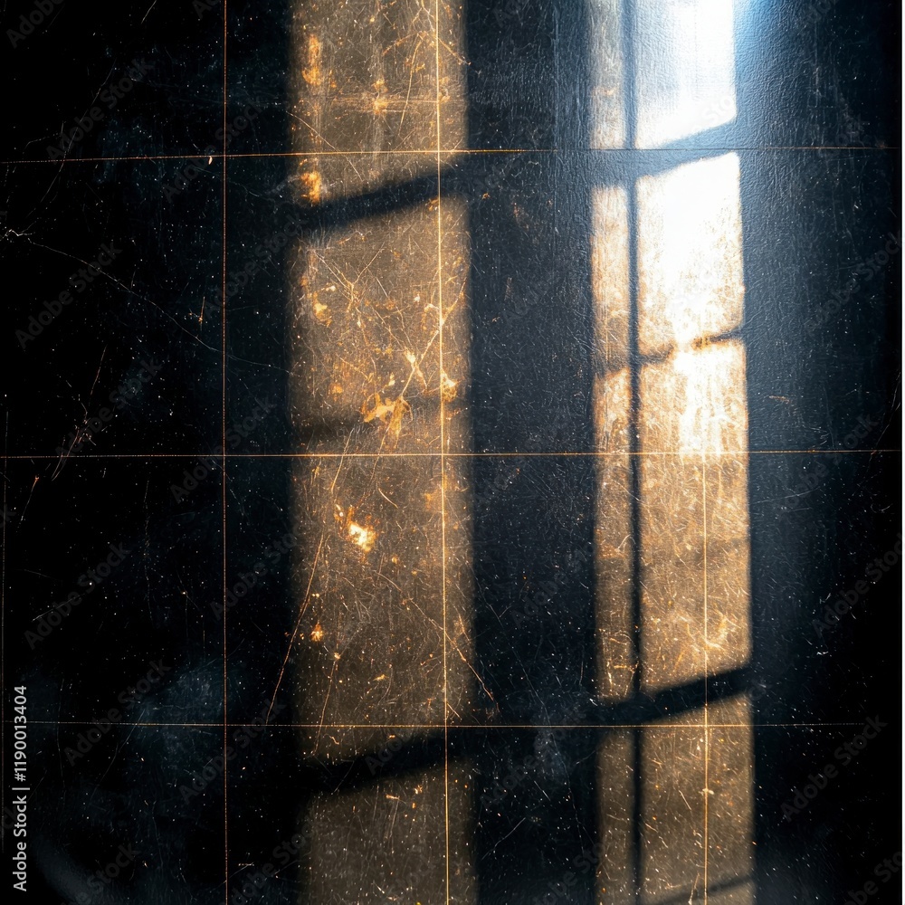 Poster sunlit window shadow on grungy dark floor tiles