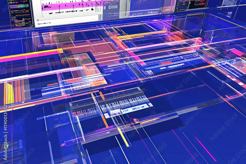 Poster vibrant abstract digital interface with musical elements and colorful overlapping shapes