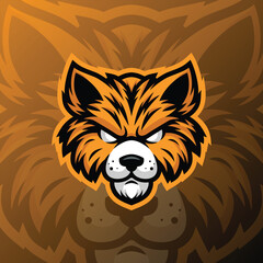 A mascot of a cat head with a scary expression