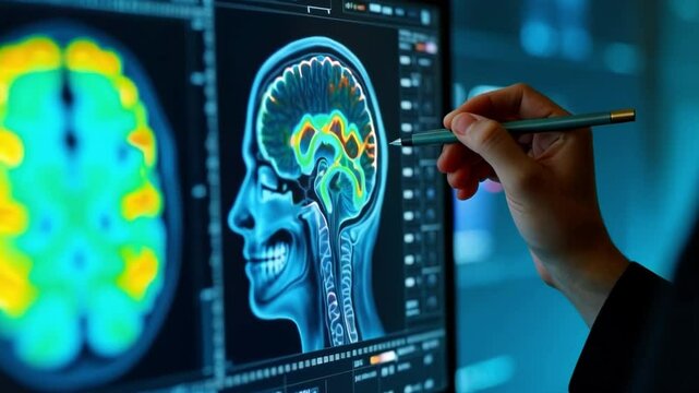 Digital brain scan and neural activity visualization on a computer screen