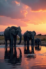 Obraz premium Family of elephants enjoying clean water at dusk by the water's edge, sun, relaxation, nature
