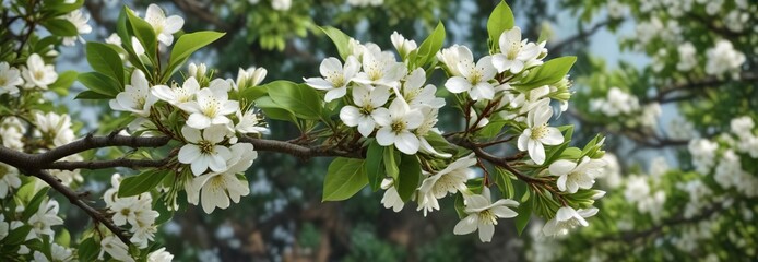 Fototapeta premium Fresh white pear flowers on branches with green leaves, natural, blossoming, new life, close-up, blooming tree