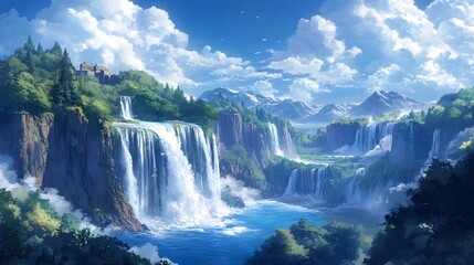 Naklejka premium Scene of majestic waterfalls cascading through a lush landscape.