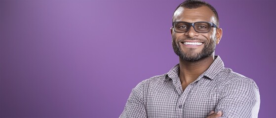 Obraz premium Happy Smiling Man Portrait Studio Shot Purple Background Glasses Casual