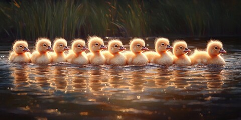 Naklejka premium Ducklings swim at sunset, nature background, wildlife