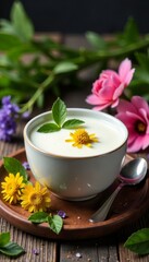 Fermented milk cup with kefir and yogurt sitting on a wooden table, surrounded by flowers and herbs, nutrition, yogurt, dairy