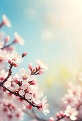 Delicate Pink Blossoms on Branch Against Blue Sky