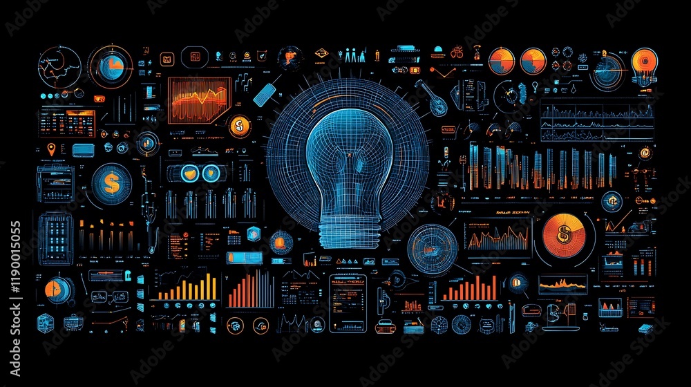 Poster illuminated idea data-driven innovation, futuristic background.