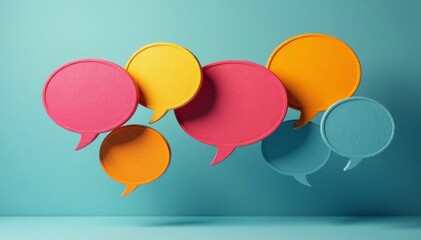 Floating speech bubbles in mid-air with varying colors and textures, colorful, communication, dialogue