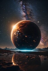 Exoplanet over Dark Landscape with Milky Way