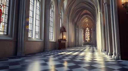 Sunlit cathedral corridor, serene.