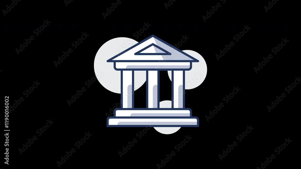 Poster illustration of a classical building with columns on a minimalist dark background.