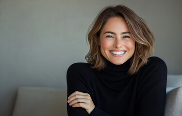 Fototapeta premium A beautiful woman in her late thirties, wearing a black turtleneck sweater, is smiling with her arms crossed over her chest, posing for a photo on a plain background.