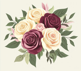 Fototapeta premium bouquet of burgundy, cream, and pink roses with greenery