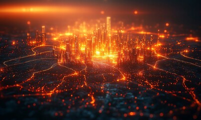 Fototapeta premium Fiery city at sunset, digital art, futuristic landscape