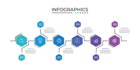 Business infographic template. 6 Step timeline journey. Process diagram, 6 options