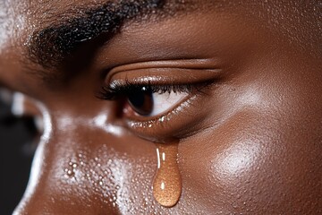 Fototapeta premium A close-up captures the emotion on a person's face, highlighting a single tear rolling down their cheek. The lighting emphasizes the texture of their skin and the depth of their gaze