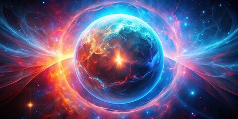Obraz premium Ethereal Glowing Sphere, Cosmic Energy, Red Blue Nebula, Space Art, Aerial View