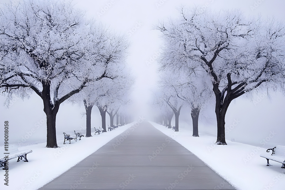 Poster a serene, snowy path lined with bare trees, shrouded in fog, creating a tranquil winter landscape