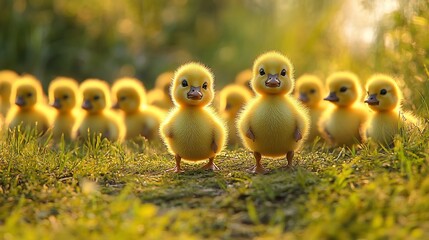 Fluffy ducklings in field, sunset glow